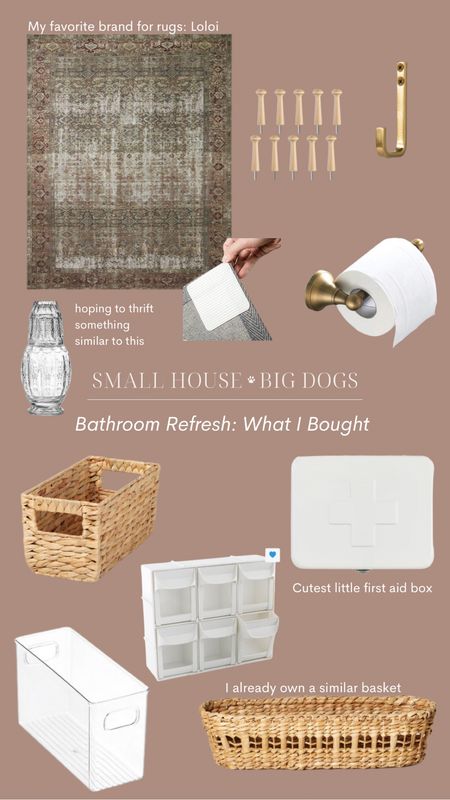 Everything I’m using for our bathroom refresh so far! Brass toilet paper holder and hooks, wicker organization bins, and a Loloi rug of course.

#LTKhome