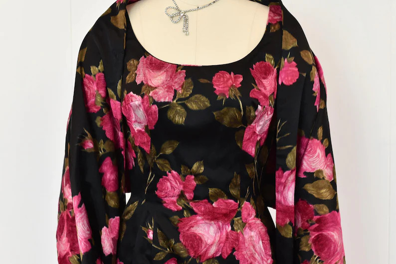 1960s Mr. Blackwell Custom Pink Rose Floral Black Silk Gown Dress with Matching Wrap Set | Etsy (Global)