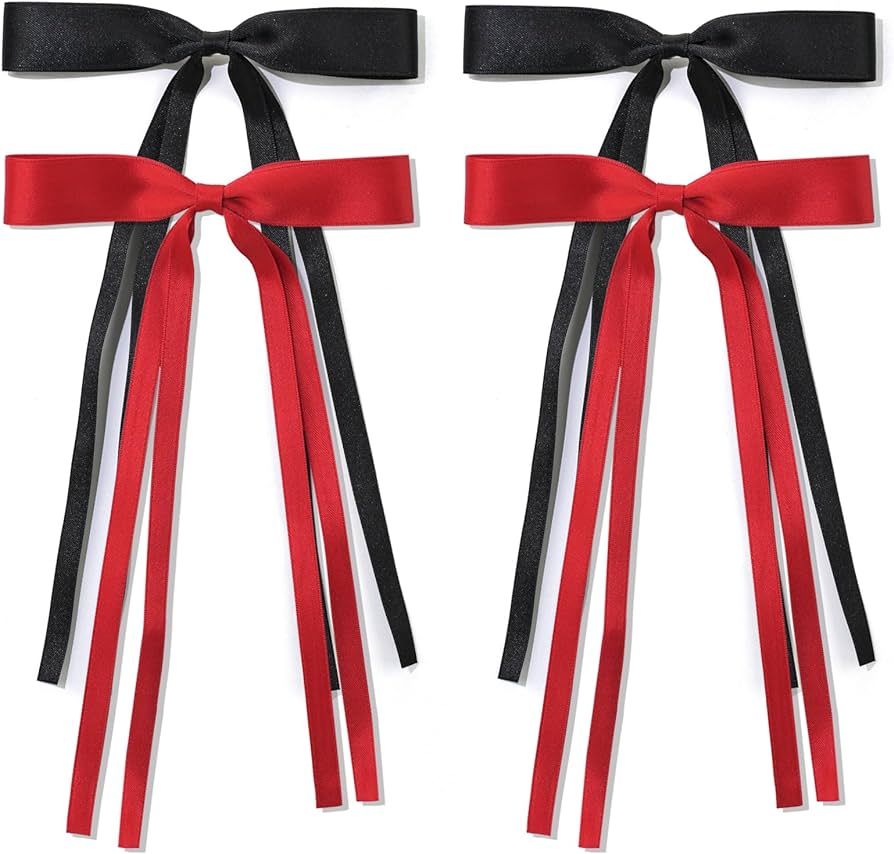 Ribbon Hair bow Hair Clips, Black Red Long Tail French Hair Bows, Hair Clips Tassel Ribbon Bowkno... | Amazon (US)