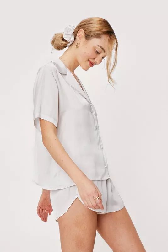 Satin Pajama Shirt Short Scrunchie 3 Pc Pajama Set | Nasty Gal (US)