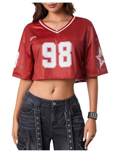 Verdusa Women's Jersey Shirts Hip Hop V Neck Short Sleeve Mesh Crop Top Graphic Tees Red Multi Small | Amazon (US)