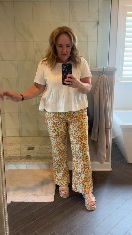 Anthro top size L. It’s vanilla color. Just slightly cream vs bright white. 

Floral jeans/twill pants. A great weight for spring summer size 12 

Sandals tts. A bit snug at first but great leather already stretching. 

Loft Anthropologie spring outfit summer sandals flat sandals 

#LTKfindsunder100 #LTKshoecrush #LTKover40