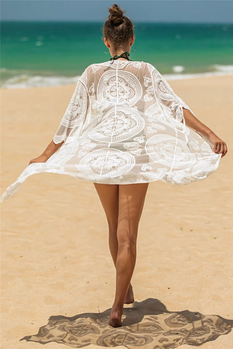 Juniors' Swimsuit Cover Up Celebrity Embroidery Design Lace Tie Front Open 3/4 Sleeve (White, one... | Walmart (US)