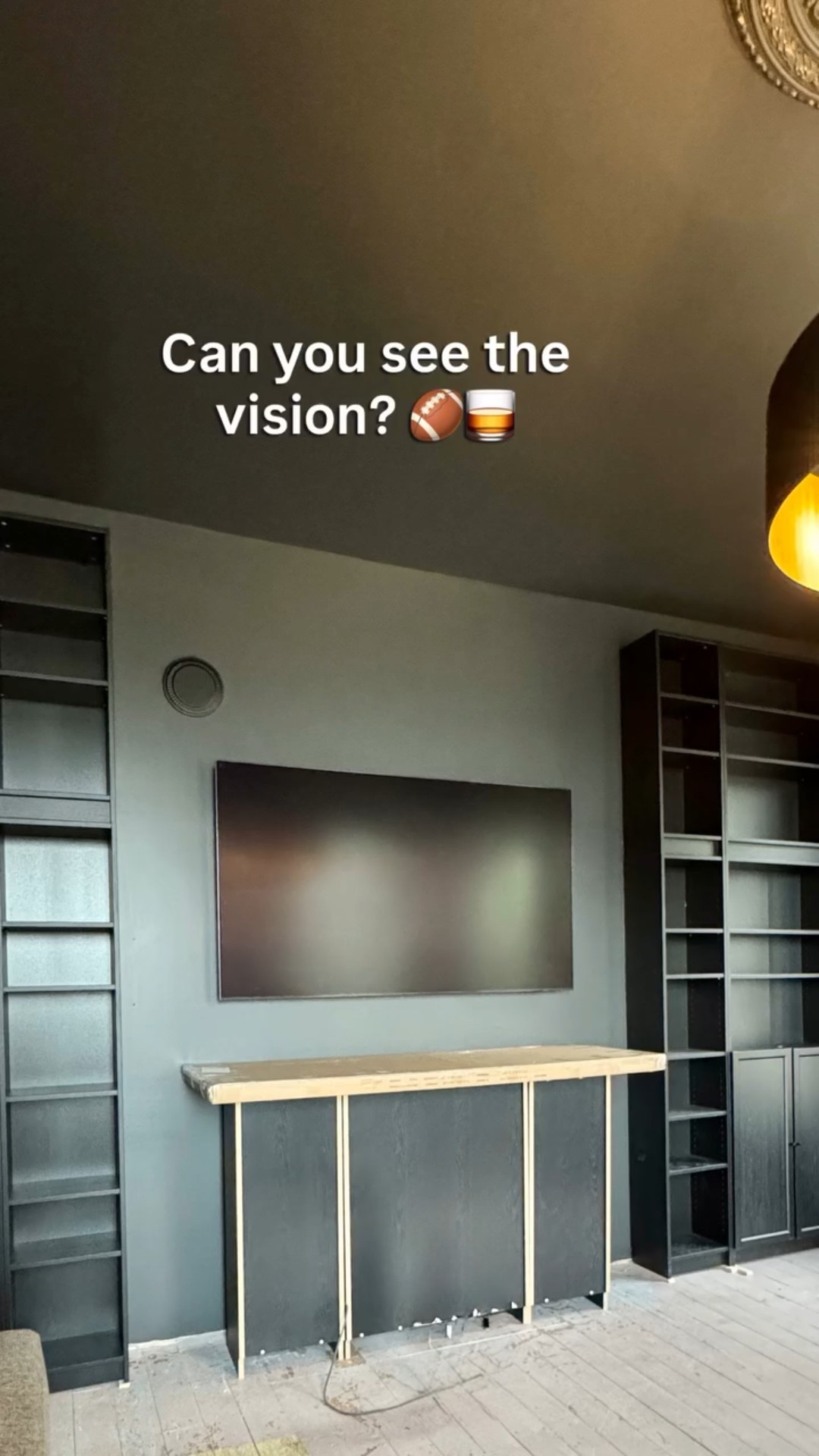 Parlor update.

Cabinets are officially to the ceiling. A 75” TV is on the wall - in the right place 🙄. The bar is taking shape. Brick walls everywhere, with Iron Ore paint by @sherwinwilliams on the ceiling and one wall to keep it dark, moody, and intentional. IKEA cabinets - I can’t link. Reach out if you want details! 

This room is becoming what it was meant to be, a dark brick parlor built for long days, late nights, good drinks, loud laughter, and even better company.

Old house. Strong bones. Built to gather people.

Still a work in progress, but you can feel it now.

#HistoricHomeRenovation #OldHouseRestoration #BrickParlor #MoodyInteriors #DarkAndMoody