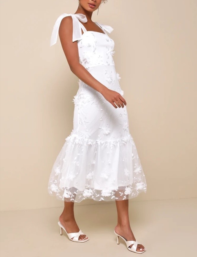 Looking for a date night or bridal shower dress? The Divinely Adored White Embroidered Floral Tie-Strap Midi Dress is a hot seller, and is under $100.

Keywords: White maxi dress, white floral appliqué dress, white midi dress, white floral maxi dress, bridal shower, engagement party, beach vacation outfits, summer dresses women, summer white dresses, floral print dresses, spring dresses 2026, day dates, vacation beach dresses, garden party, graduation dress, rehearsal dinner, summer outfits women, white mini dress, white tulle dress, white tiered dress, strapless white midi dresss

#LTKWedding #LTKSeasonal #LTKTravel