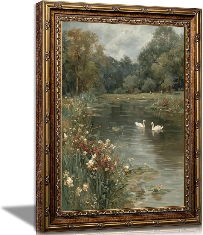 Vintage Framed Landscape Wall Art, Impressionist Swan Lake Landscape Oil Painting, Antique Gold O... | Amazon (US)
