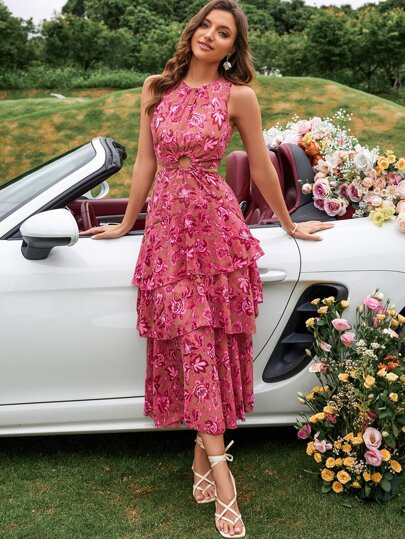 Random Floral Print Ring Linked Cut Out Layered Hem Chiffon Dress
   SKU: sw2204220108080850     ... | SHEIN