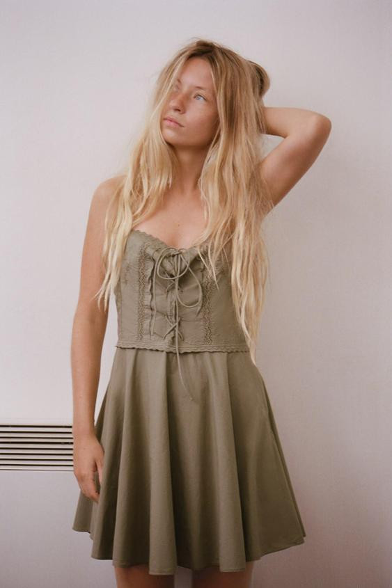 Zara - Embroidered Poplin Mini Dress - Khaki - Xxl - Woman | Zara UK