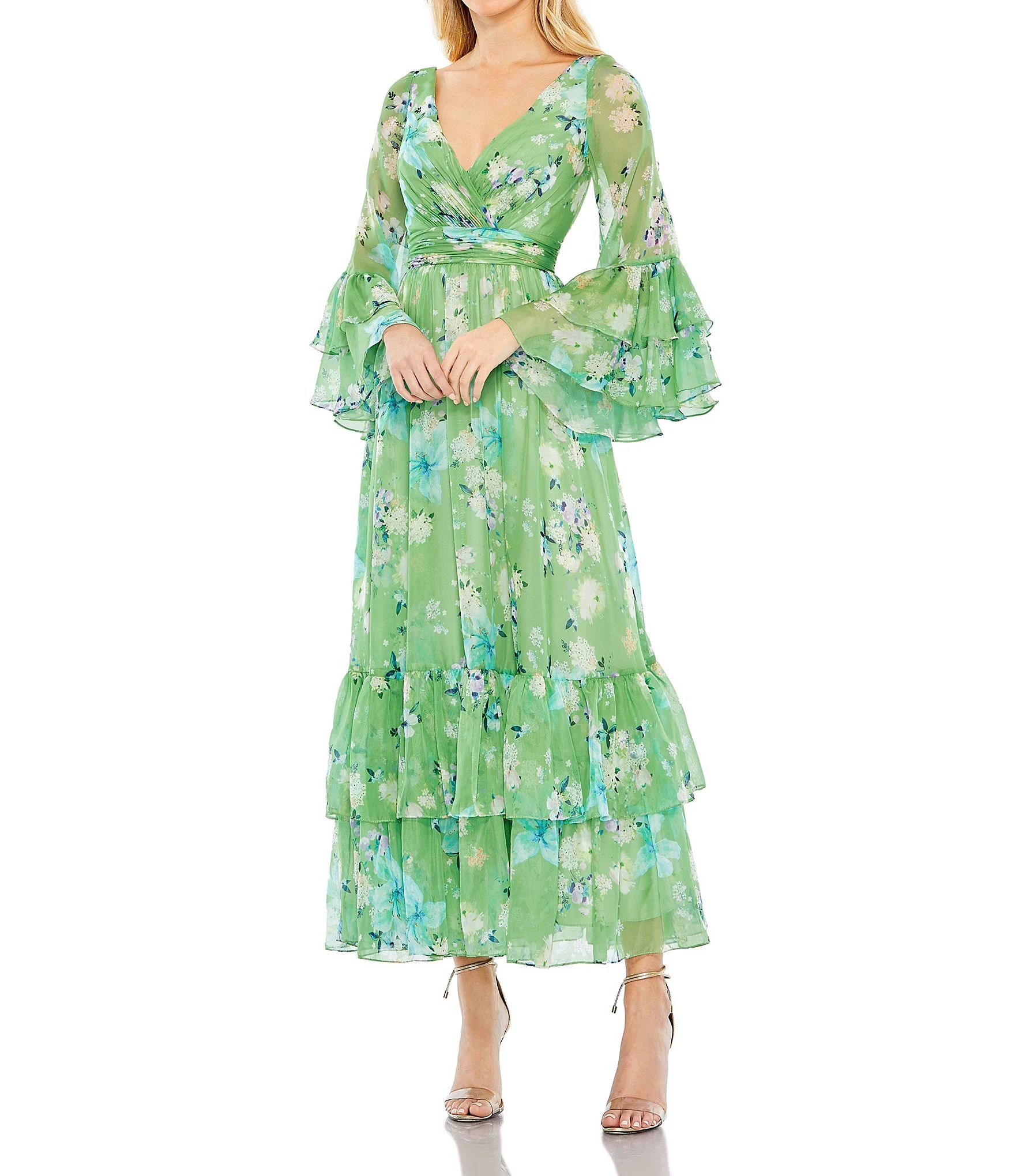 Floral Print Surplice V-Neck Long Bell Sleeve Tiered A-Line Dress | Dillard's