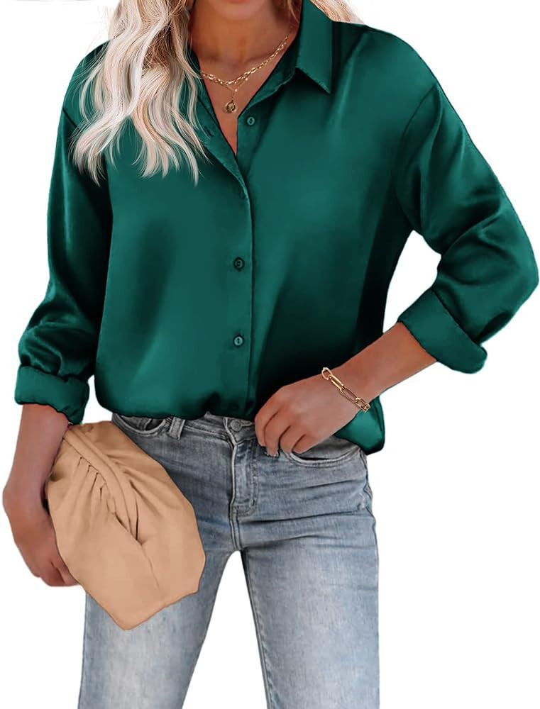 Chigant Women's Satin Silk Blouses Long Sleeve Button Down Shirts Casual Tunic Top Dark Green at ... | Amazon (US)