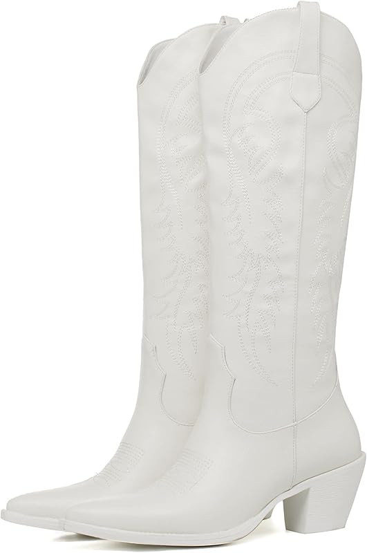KISSASA Womens Mid Calf Pointed Toe Cowboy Boots Embroidered Western Chunky Heeled Cowgirl Boots | Amazon (US)