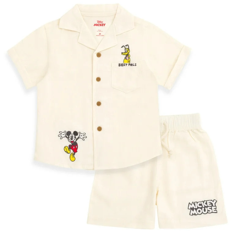 Disney Mickey Mouse Pluto Linen Matching Family Button Down Shirt and Shorts Outfit Set Infant to... | Walmart (US)