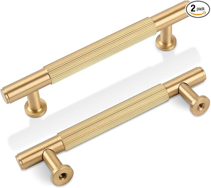2 Pack Brushed Gold Kitchen Cabinet Pulls, 3-3/4 Inches Solid Brass Dresser Drawer Handles, Moder... | Amazon (US)