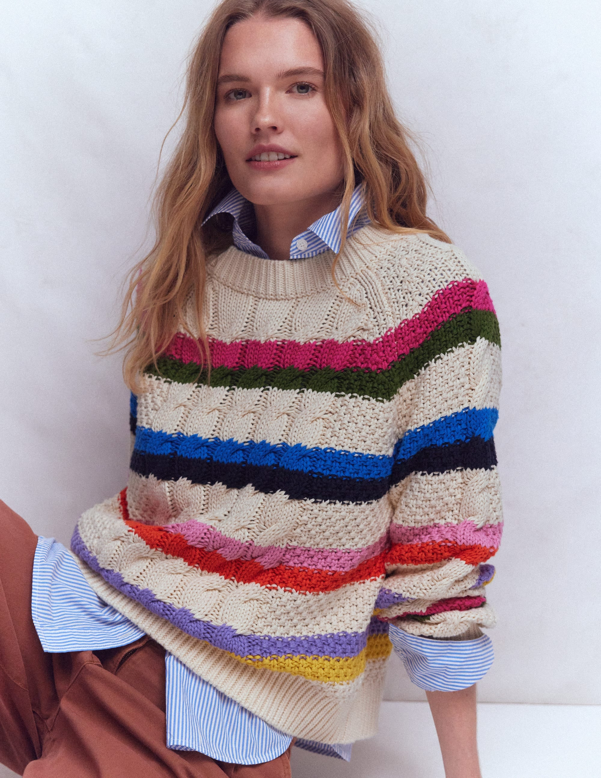 Cotton Cable Jumper-Warm Ivory, Rainbow | Boden (US)