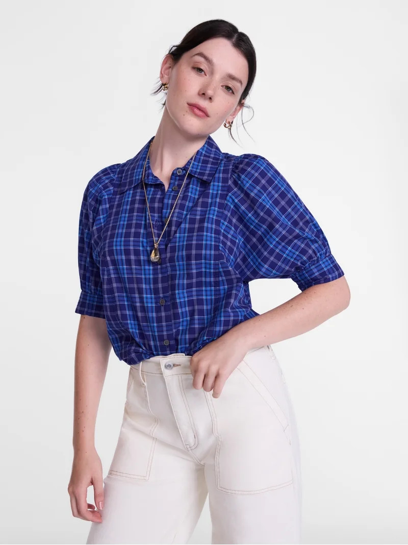 Scenario Women's Button Front Shirt with Puff Sleeves, Sizes XS-XXXL | Walmart (US)