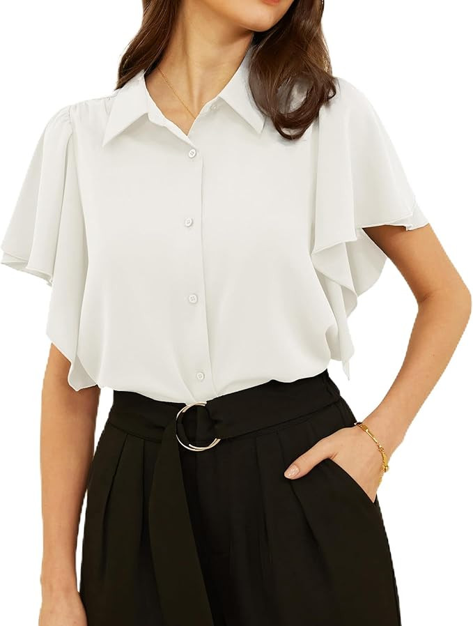 GRACE KARIN Women's Button Down Shirts Flowy Ruffle Short Sleeve Collared V Neck Dressy Casual Of... | Amazon (US)