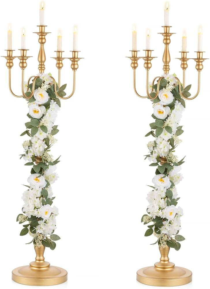 Inweder Gold Wedding Candelabra Tall - 50" Antique Floor Candelabra, Metal 5 Arm Candelabra, Spir... | Amazon (US)