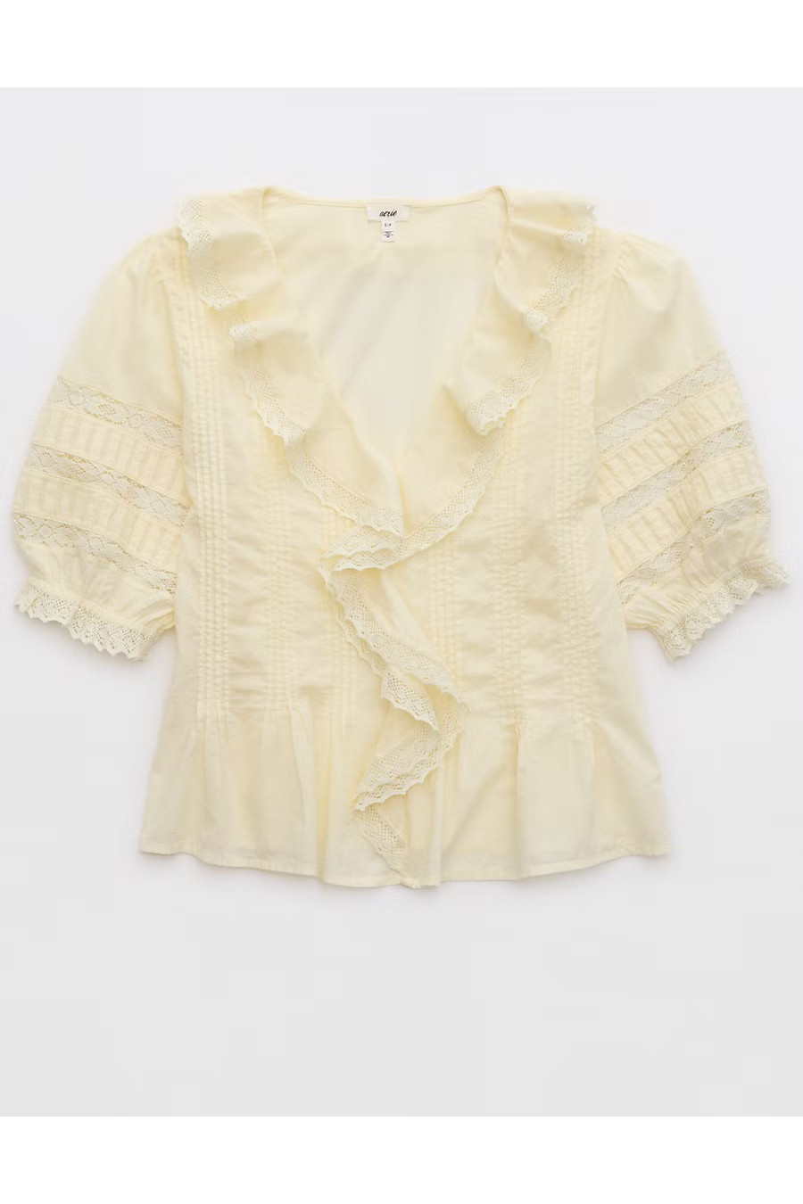 Aerie Short Sleeve Ruffle Blouse Women's Natural Yellow XXS | American Eagle Outfitters (US & CA)