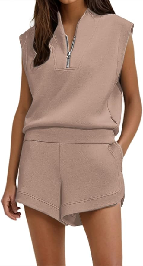 SAFRISIOR Women Two Piece Tracksuit Sweatsuit Half Zip Sleeveless Sweatshirt And Drawstring Short... | Amazon (US)