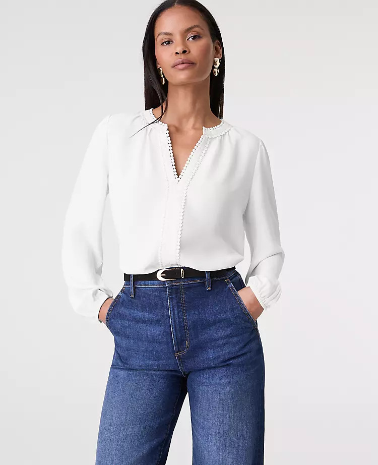 Bobble Trim V-Neck Blouse | Ann Taylor