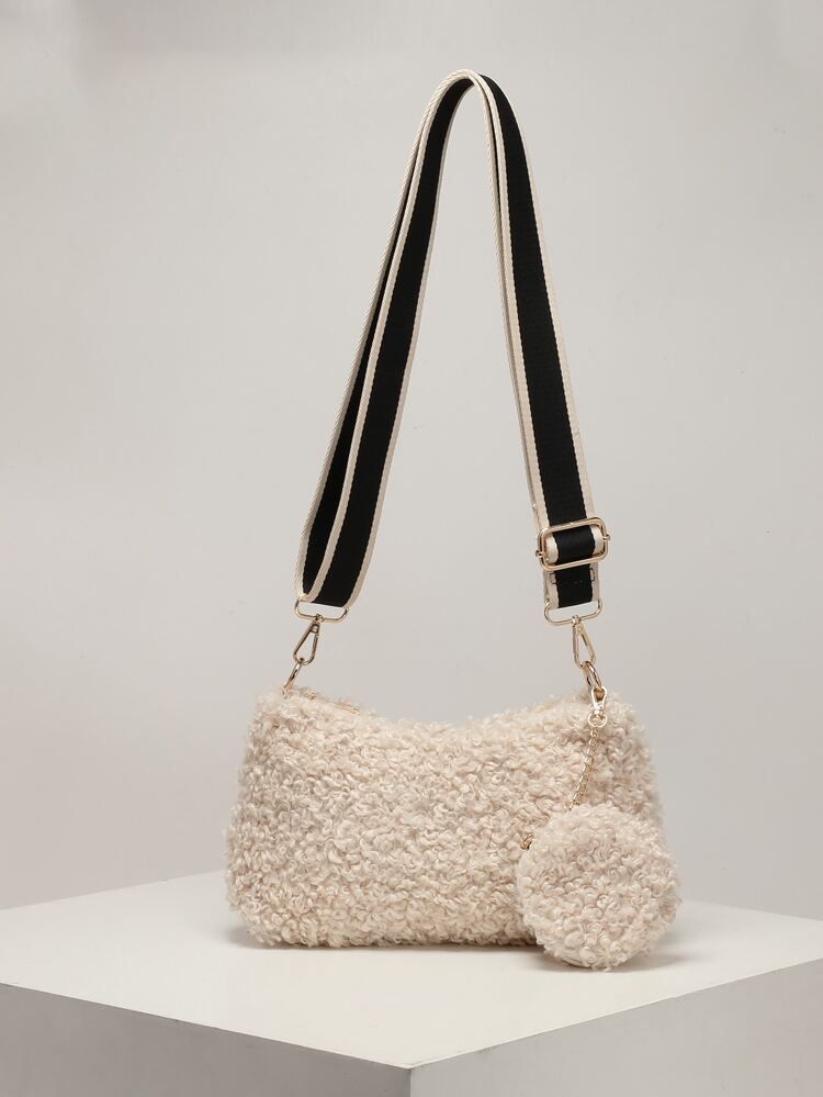 Minimalist Fluffy Hobo Bag With Small Pouch | SHEIN