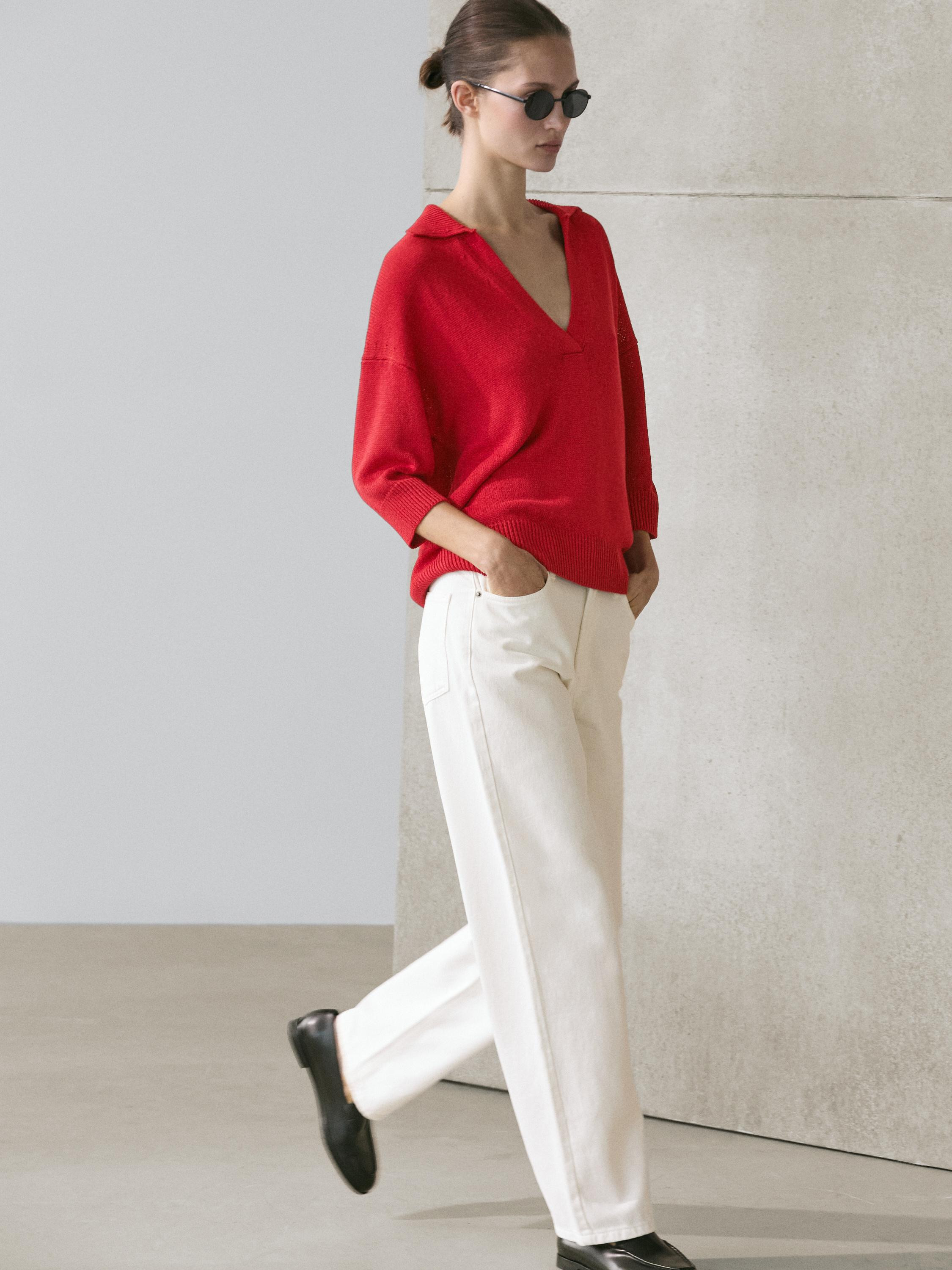 Flowing knit polo sweater | Massimo Dutti UK