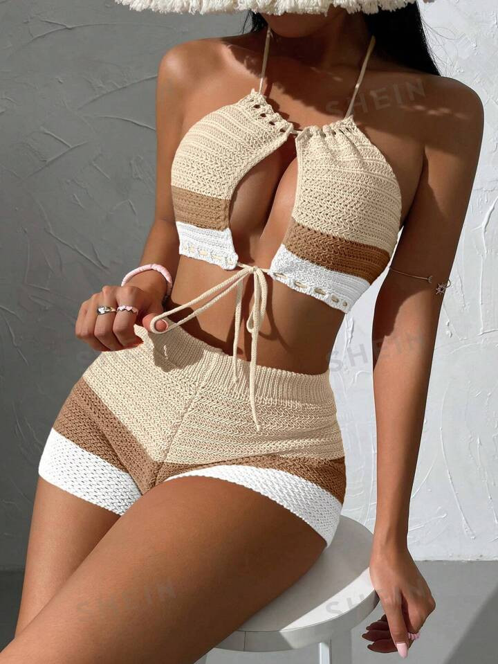 Women's Contrast Color Halter Neck Strap Vacation Travel Cover-Up 2pcs/Set | SHEIN