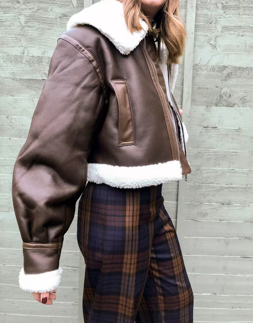 ASOS DESIGN cropped aviator jacket in brown and cream | ASOS (Global)