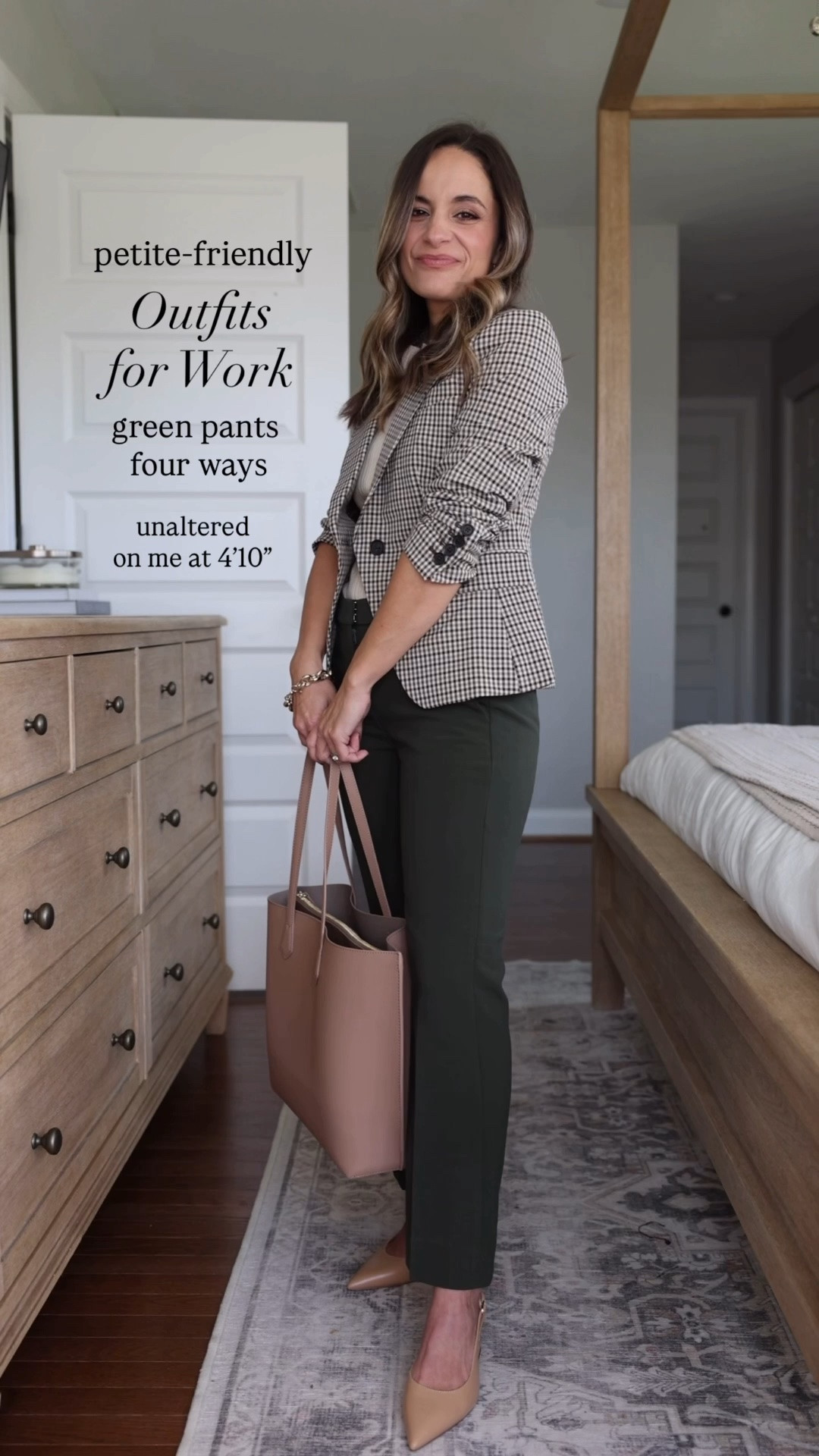 Four fall outfit ideas for work with dark green pants (petite friendly)! 

Pants (J.Crew): petite 0 - size up if curvy, these run small across the hips / 9.5” rise / 25.5” inseam 

*for a less expensive option, I’ve linked an option from J.Crew Factory with a similar fit, but not the same color 

Outfit 1
Top (Quince): xs in heather oat 
Blazer (BR Factory): petite 00 

Outfit 2 
Cardigan (Aritzia): xxs in nomad taupe - true to size, but sleeves run long, I’m wearing them cuffed under 

Outfit 3 
Blazer (J.Crew): petite 00 - true to size 
Top (Quince): xs 
Scarf is from Madewell but is sold out in the color I’m wearing 

Outfit 4 
Cardigan (BR Factory): xxs - sleeves run long I’m wearing them cuffed 

Heels and flats are both true to size 

Size comparison: my measurements are 32”, 24”, 36” and I have a 25” ankle inseam and a 27.5-28” full length inseam.

#LTKPetite #LTKWorkwear