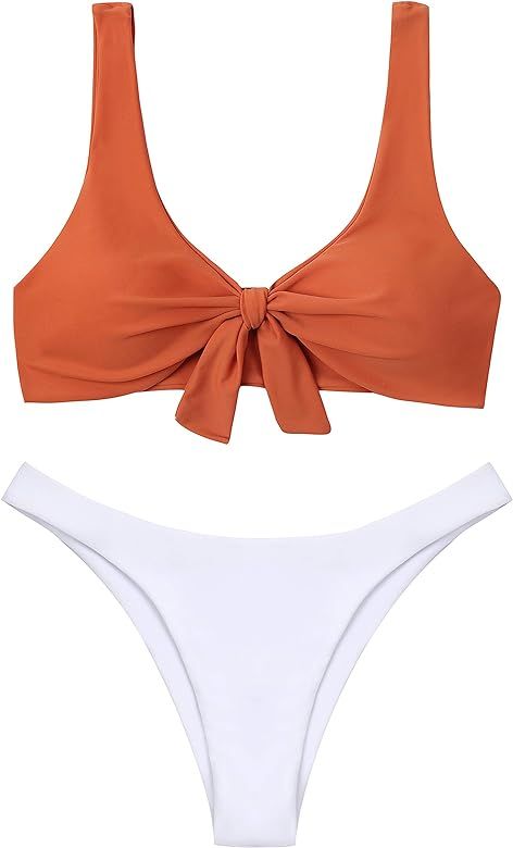 Women's Bikini Swimsuit Tie Knot Front Swimwear Set 2 Pieces Solid Bathing Suits | Amazon (US)