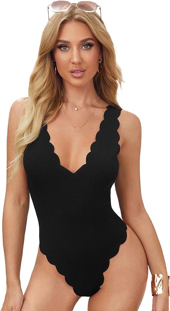 Milumia Women's Backless Deep V Neck Sleeveless Scallop Trim Skinny Bodysuit Top | Amazon (US)