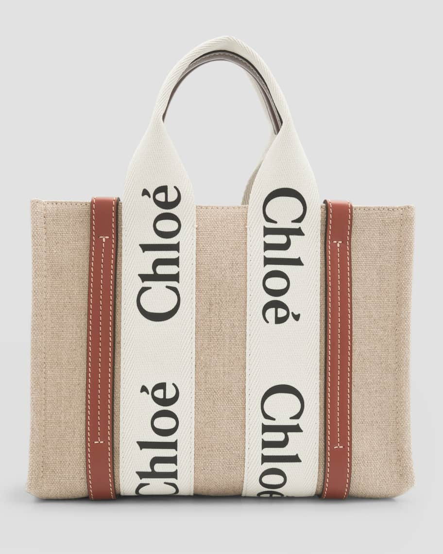 Chloe Woody Small Tote Bag in Linen with Crossbody Strap | Neiman Marcus
