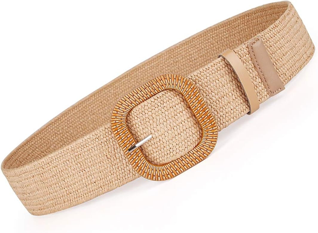 Women Belts For Dresses, Elastic Straw Rattan Waist Band With Wood Buckle | Amazon (US)