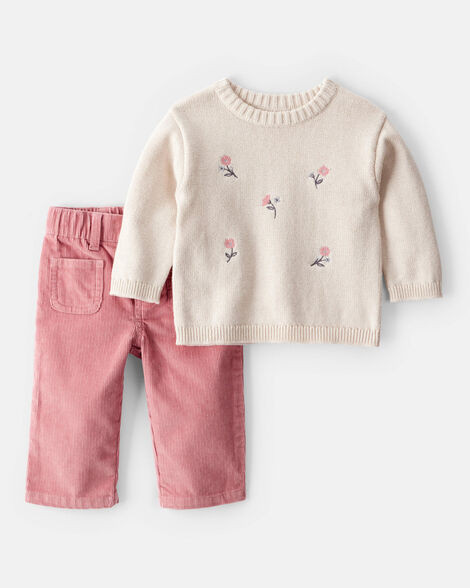 Baby Girl 2-Piece Floral Sweater & Pant Set - Cream | Carter's Inc