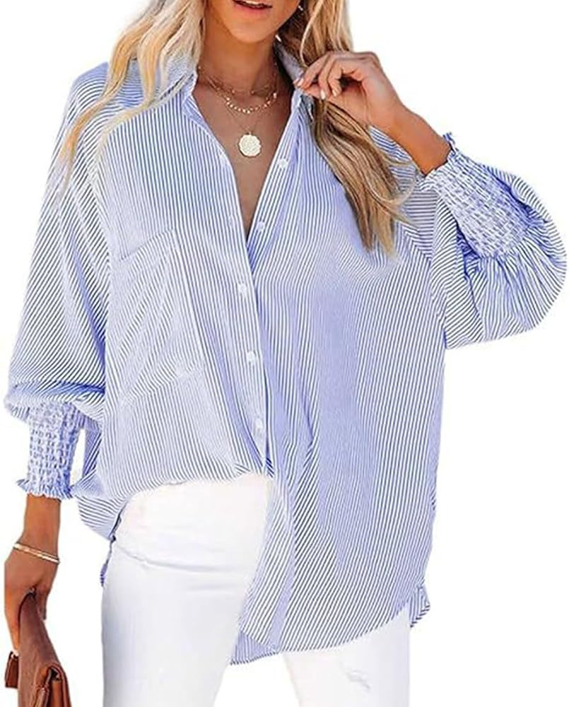 Women's Smocked Cuffed Striped Boyfriend Shirts Button Down Casual Collar Long Sleeve Blouse Shir... | Amazon (US)