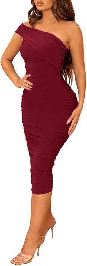 Halfword Sexy One Shoulder Midi Dress for Women Ruched Bodycon Drawstring Night Party Club Cockta... | Amazon (US)