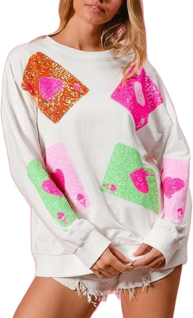 Women Sequin Valentine's Day Sweatshirt Cute Heart Long Sleeve Pullover Top Sparkly Oversized Hol... | Amazon (US)