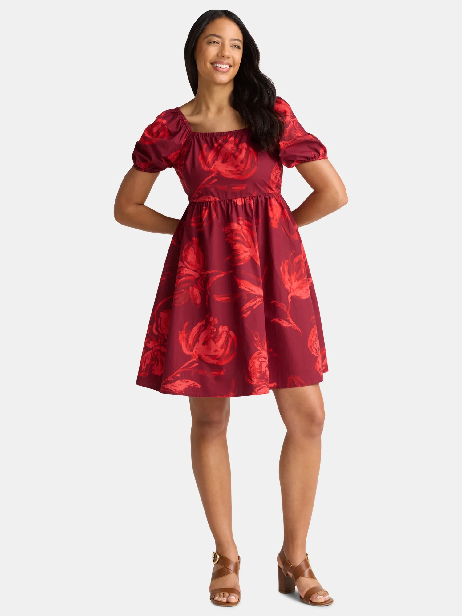 Time and Tru Women's Cotton Tie Back Mini Dress with Puff Sleeves, Sizes XS-XXXL | Walmart (US)