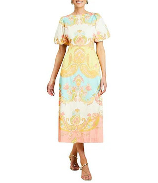 Pippa Venetian Paisley Boat Neck Short Balloon Sleeve Midi Dress | Dillard's
