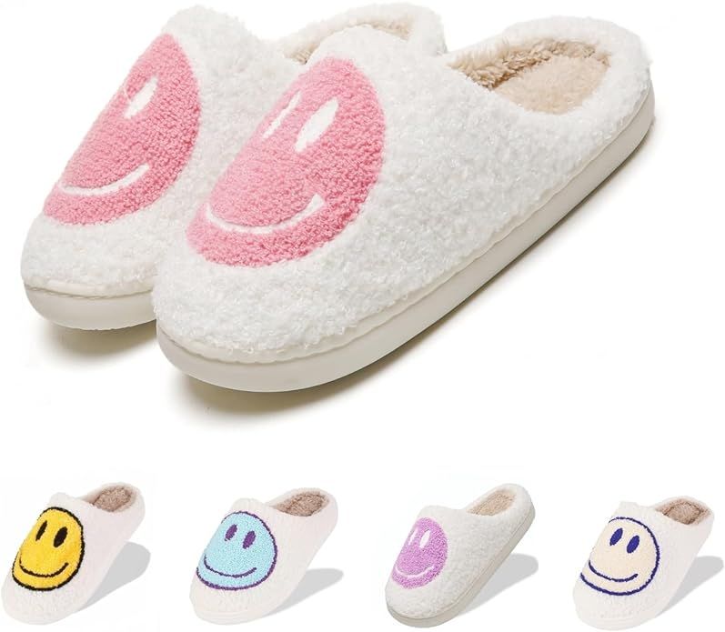 Fuzzy Slippers for Women Men, Cute Retro Fluffy Happy Face House Slippers, Plush Memory Foam Slip... | Amazon (US)