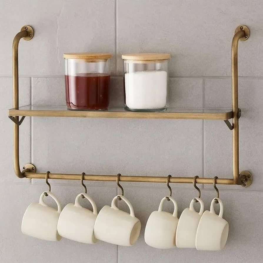 Brass Wall Mounted Shelf with Mug Hooks, 2-Tier Glass Storage Shelf for Kitchen Bathroom, Farmhou... | Amazon (US)