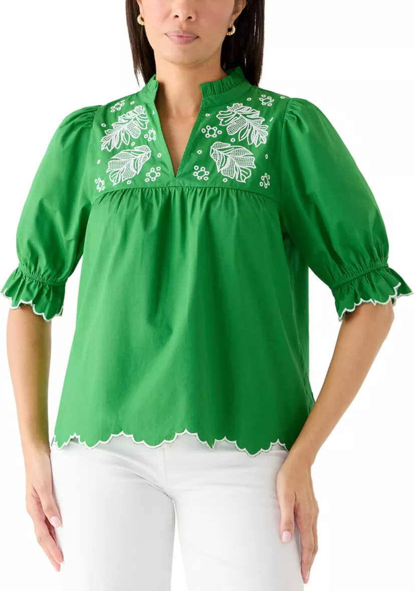 Women's Elbow Puff Sleeve Eyelet Top | Belk