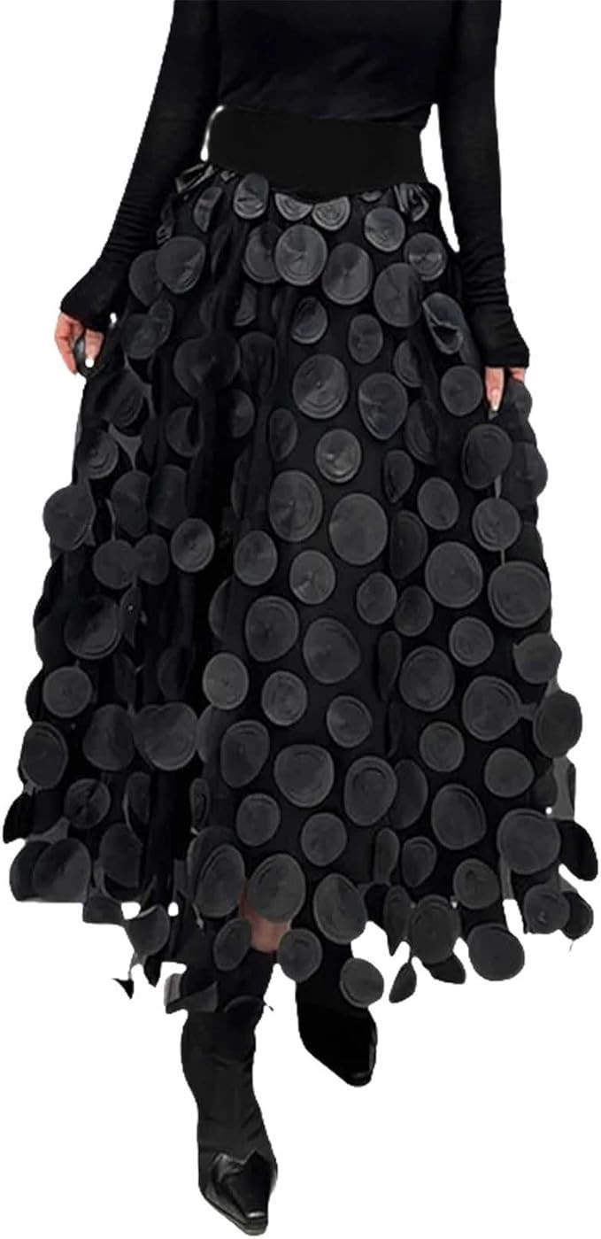 Women Tulle Midi Skirt High Elastic Waist 3D Polka Dot Mesh Skirt A-Line Layered Bubble Skirt Gra... | Amazon (US)