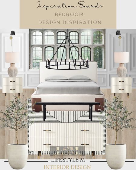 Elegant and modern Master bed room design inspiration. Recreate the look with these furniture and decor pieces. Upholstered bed, white dresser, white night stand, black wheel bed room chandelier, white tree planter, faux fake tree, wood floor tile, table lamp, wall sconce light, black bench, stripe bed room rug. #Spring

#LTKFind #LTKstyletip #LTKhome