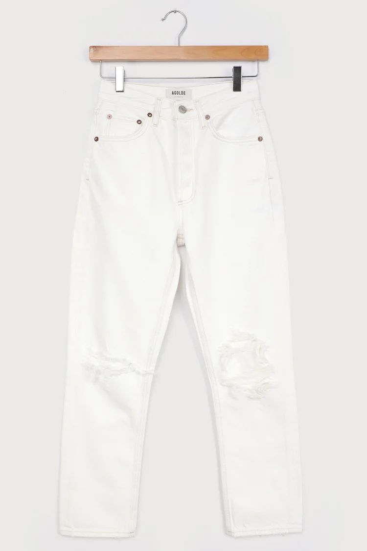 Riley White Distressed High Rise Straight Cropped Jeans | Lulus (US)