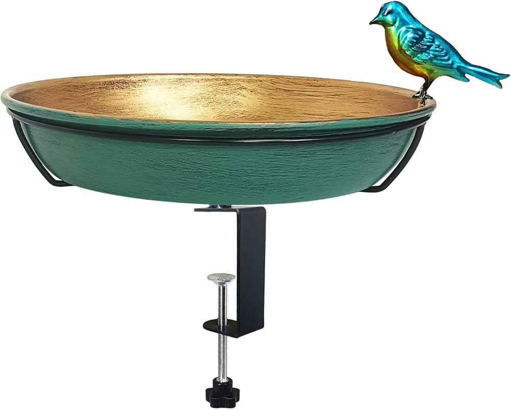 Deck Bird Bath for Outdoors, 11" Green/Bronze Metal Birdbath Bowl with Big Steel Clamp Backyard B... | Amazon (US)