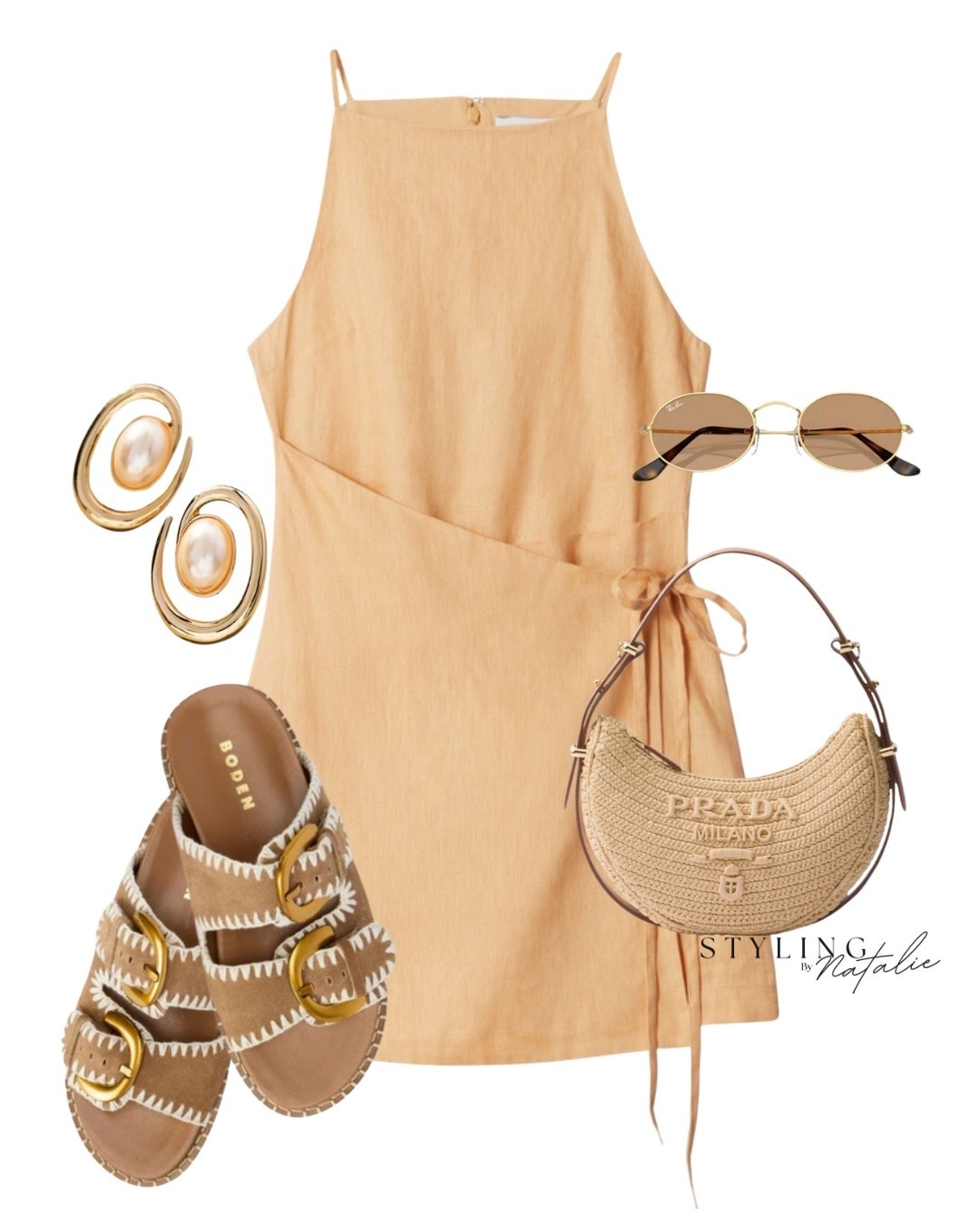 Linen wrap dress, buckle sandals, raffia Prada bag, statement spiral earrings & Ray-Ban sunglasses. Summer dress, day dress, sundress, OOTD, vacation dress

#LTKuk #LTKeurope #LTKdatenight