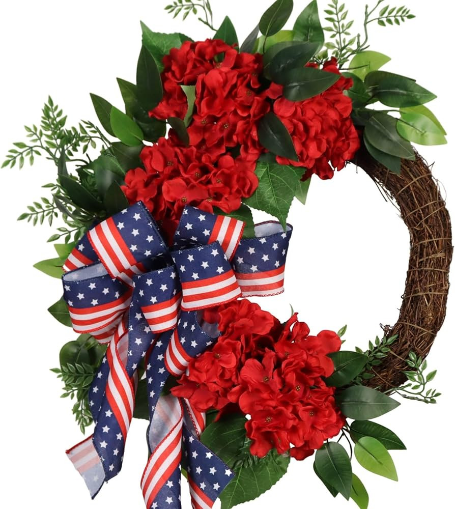 22IN Artifical Patriotic Wreath Fourth of July Wreath with Hydrangeas Ivy Spring Summer Wreath fo... | Amazon (US)