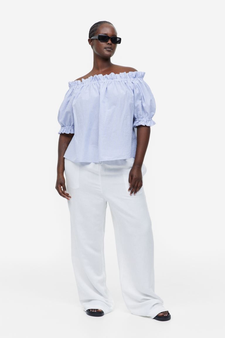 Ruffle-trimmed Off-the-shoulder Top - Blue/striped - Ladies | H&M US | H&M (US + CA)