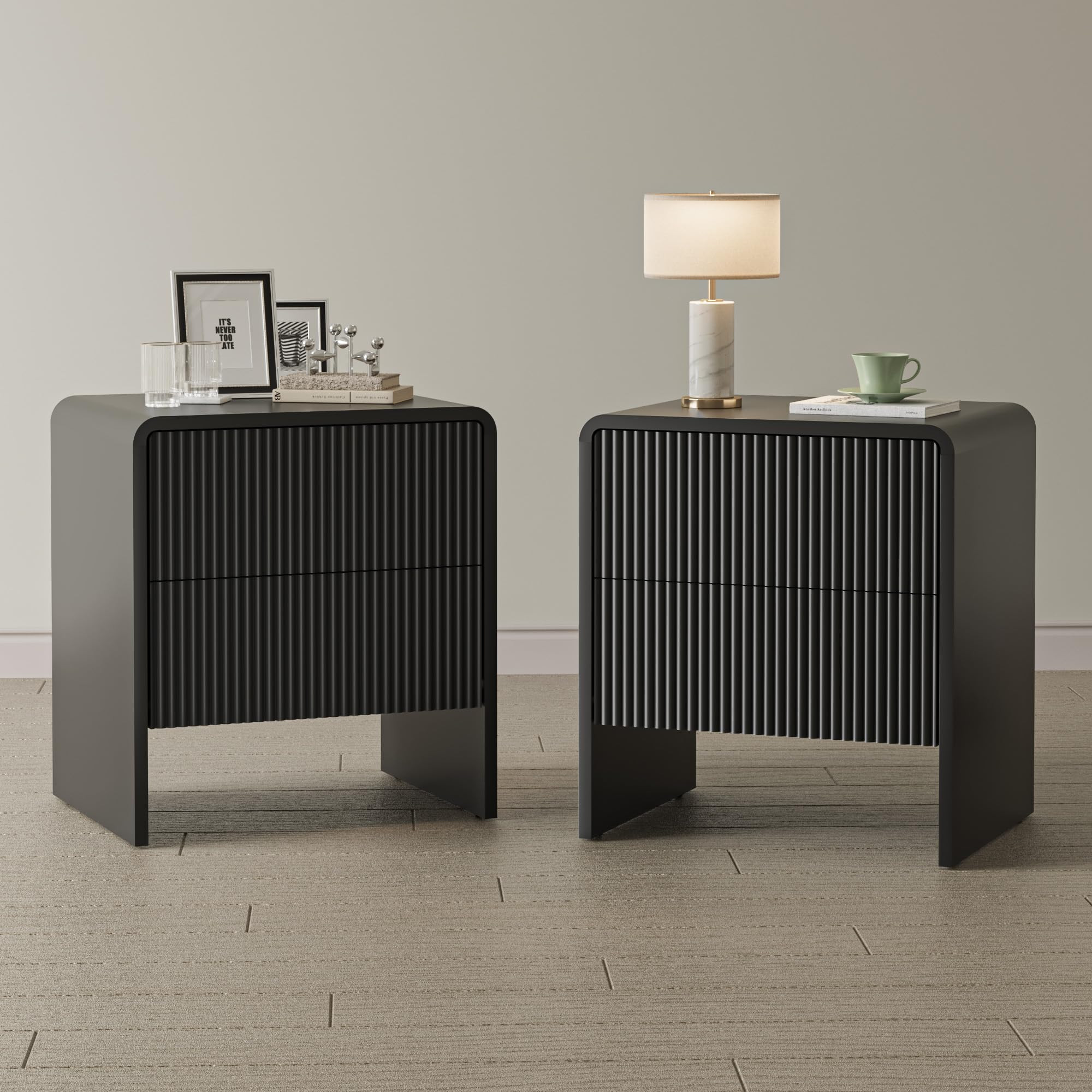 Set of 2 Curved Nightstand with 2 Drawers, Wooden Bedside Table with Push to Open Storage, Modern... | Amazon (US)